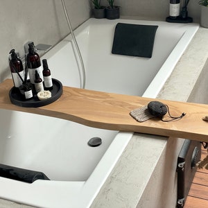 Panier de bain en bois noir, étagère de bain, accessoires de bain, planche de bain à rebord direct, décoration de salle de bain moderne, plateau de bain en bois, plateau de baignoire image 8