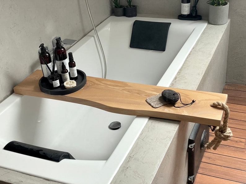 Black wooden bath caddy, Bath shelf, Bath accessories, Live edge bath board, Modern bathroom decor, Wood bath tray, Bathtub tray image 8