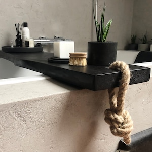 Black wooden bath caddy, Bath shelf, Bath accessories, Live edge bath board, Modern bathroom decor, Wood bath tray, Bathtub tray image 3