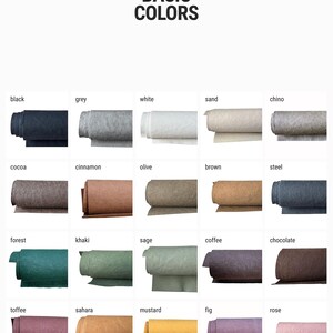 May include: A color chart titled BASIC COLORS displaying twenty rolled fabric swatches in various shades including black, grey, white, sand, chino, cocoa, cinnamon, olive, brown, steel, forest, khaki, sage, coffee, chocolate, toffee, sahara, mustard, fig, and rose.