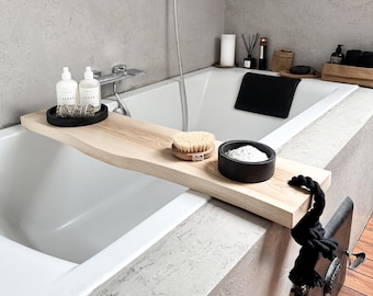 Live Edge Wood Bath Caddy – Handmade Bath Tray with Rope Detail for Relaxing Soaks