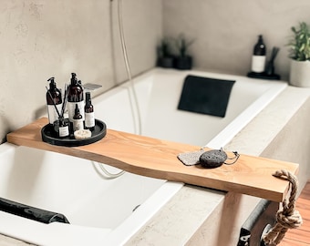 Wooden Bath Tray – Modern Live Edge Bathtub Shelf – Solid Wood Bath Caddy – Natural Wood Bath Shelf for Relaxing Home Spa