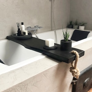 Black wooden bath caddy, Bath shelf, Bath accessories, Live edge bath board, Modern bathroom decor, Wood bath tray, Bathtub tray image 1