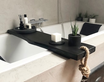 Black wooden bath caddy, Bath shelf, Bath accessories, Live edge bath board, Modern bathroom decor, Wood bath tray, Bathtub tray