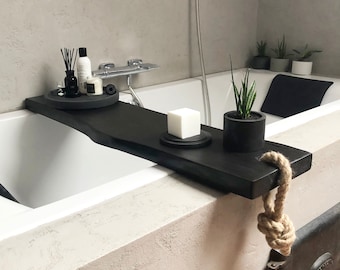 Caddy de baño de madera negra, Estante de baño, Accesorios de baño, Tabla de baño de borde vivo, Decoración de baño moderna, Bandeja de baño de madera, Bandeja de bañera