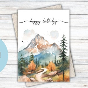 Carte d'anniversaire imprimable montagnes, téléchargement numérique, carte de joyeux anniversaire nature, carte d'anniversaire pour lui, cartes d'anniversaire de randonnée paysage