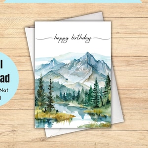 Berge Geburtstagskarte zum ausdrucken, digitaler Download, alles Gute zum Geburtstag Landschaft Karte Natur, Wandern Geburtstagskarte zum Ausdrucken, Camping im Freien