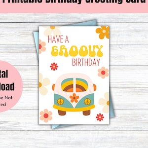 Carte d'anniversaire groovy à imprimer, téléchargement numérique, carte d'anniversaire hippie bus VW, carte d'anniversaire rétro des années 70 pour elle / lui, psychédélique trippy