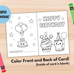 Carte d'anniversaire imprimable à colorier, téléchargement numérique, carte de joyeux anniversaire à colorier, carte d'anniversaire pour enfants à imprimer, carte d'anniversaire chat petit gâteau