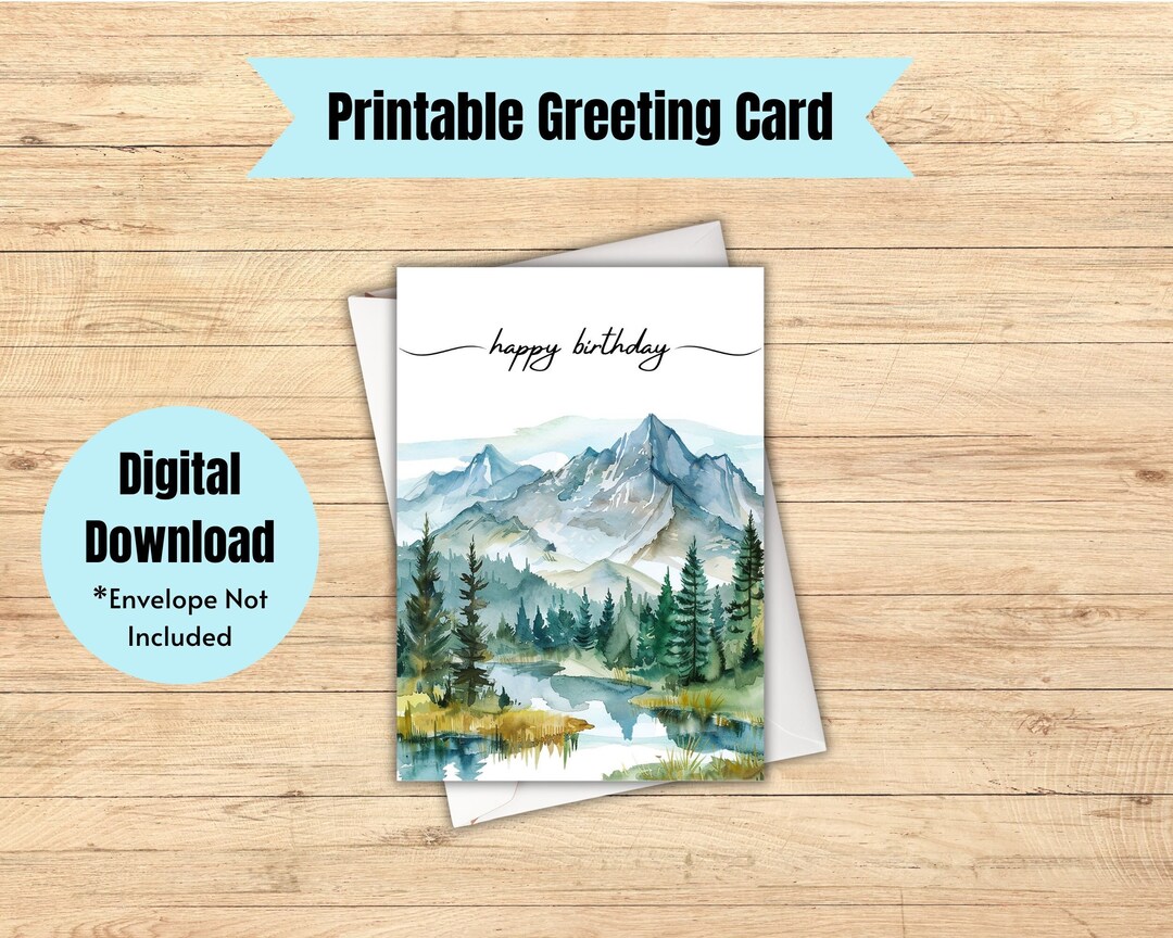 Watercolor Mountains Birthday Card: Outdoorsy Landscape (digital ...