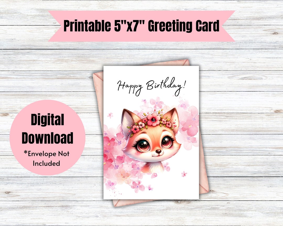 Printable Happy Birthday Card, Digital Download, Cute Fox Birthday Card ...