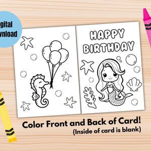 Carte d'anniversaire à colorier à imprimer, téléchargement immédiat au format PDF, carte d'anniversaire sirène pour enfants, carte d'anniversaire océan, carte imprimable de joyeux anniversaire