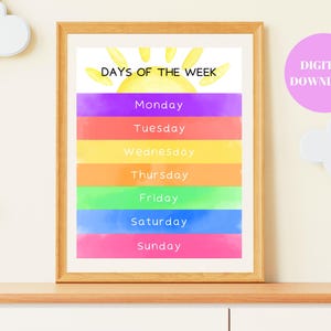 Printable Days of the Week Poster, DIGITAL DOWNLOAD, Printable Classroom Poster, Printable Wall Art for Kids, Homeschool Printables Resource
