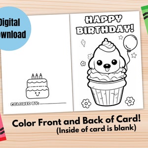 Happy Birthday Coloring Card, Printable Coloring Birthday Card, Cute Dog Birthday Card for Kids, Kawaii Birthday Card, Cupcake Birthday Card