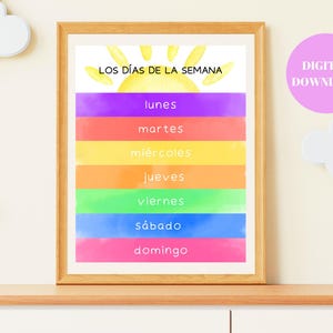 Cartaz para impressão dos dias da semana em espanhol, download digital, arte de parede para impressão dos dias da semana, educação domiciliar, dias da semana em espanhol