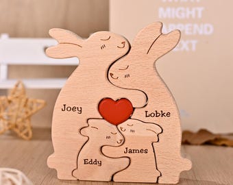 Wooden Bunny Family Puzzle, Hugging Rabbit Family Home Decor, Wood Anniversary for Mom Dad, Grandma Birthday Present, Mother's Day Gifts