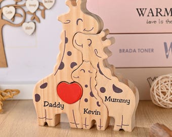 Wooden Giraffe Family Puzzle, Family 2-5 Puzzle Ornament, Parents Anniversary Gift, Grandma Birthday, Nursery Decor Gift, First Time Mom