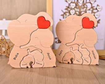 Wooden Family Puzzle Elephant, Engraved Elephant Ornament, Mummy Birthday Gifts, 14th Anniversary Gift for Wife Husband, 1st Mother's Day