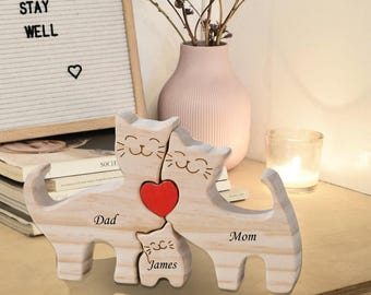 Wooden Cat Family Puzzle, Cat Family Figurines, Wife Birthday Gift, New Mum Gift, Family of 4 Cat Presents for Mom Dad, Cat Mothers Day Gift