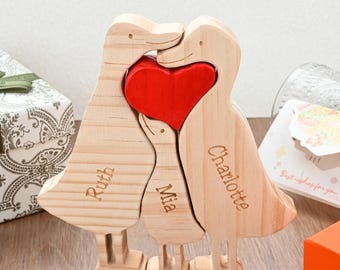 Wooden Animal Family Puzzle, 2-7 Ducks Family Jigsaw Decor, Wedding Anniversary Gifts for Mom Dad Friend Couples Animal Family Decor