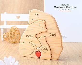 Personalized Wooden Bear Family Puzzle, Hugging Bear Family Figurines, Engraved Mom and Baby Bear Puzzle, New Dad First Fathers Day Present