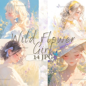 14 imágenes prediseñadas de niña de flores silvestres, paquete JPG de niña de flores de acuarela, niña de flores, descarga digital, scrapbooking, diario basura, uso comercial