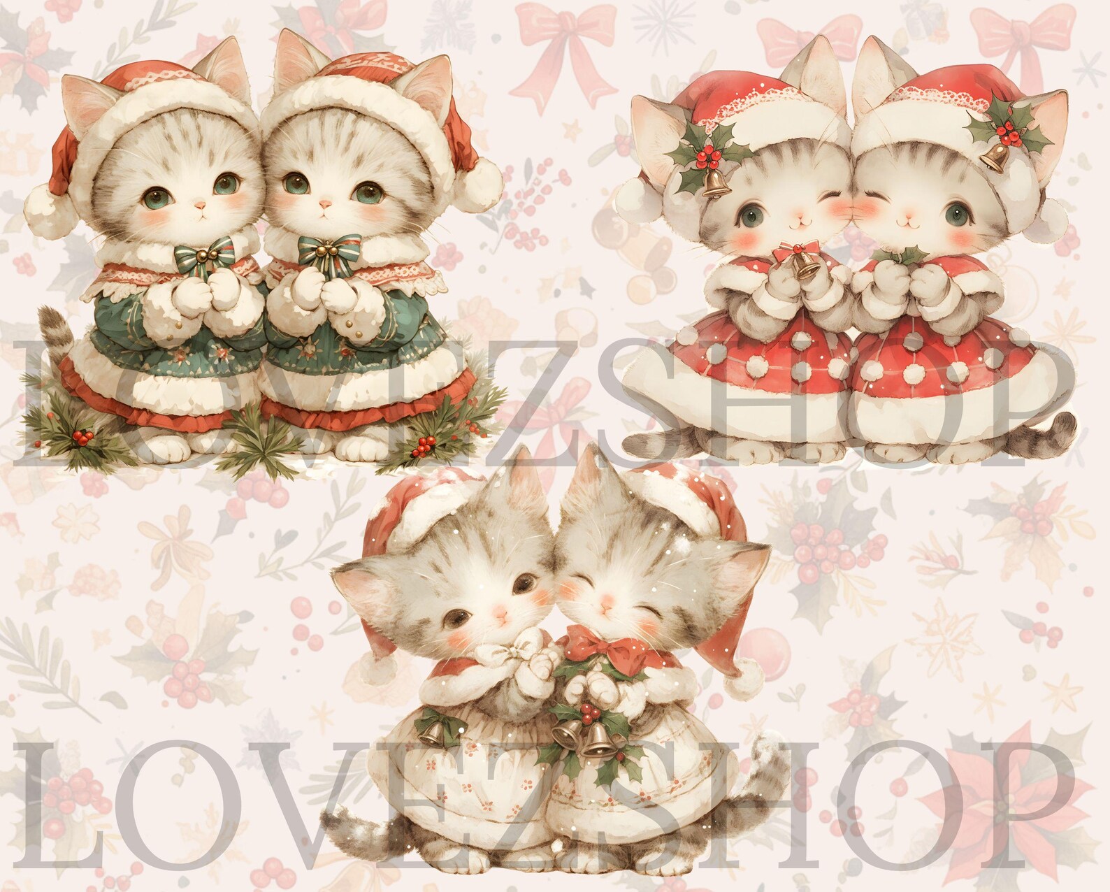 20 Vintage Christmas Kittens, Watercolor Cat Clipart, JPG File ...
