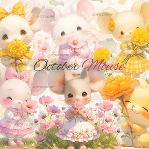 15 Maus mit Geburtsmonat Blume für Oktober, Ringelblume, Schmuckkörbchen, Aquarell JPG Bundle, Scrapbook, Junk Journal, Kinderzimmer Clipart