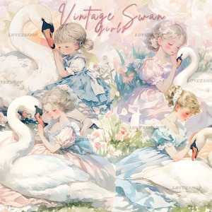 15 Vintage Swan Girl Clipart, High Quality Vintage Girls Watercolor JPG Bundle, Nursery Clipart, Scrapbook, Junk Journal, Digital Download