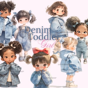 21 Denim Kleinkind Mädchen, Kleinkind Clipart, Denim Mädchen, Denim Clipart, Aquarell JPG Bundle, Baby Clipart, Kinderzimmer Clipart, Scrapbook, Junk Journal