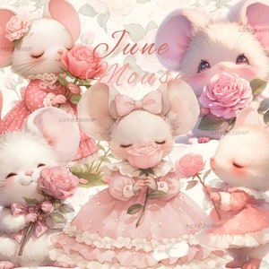 6 月の誕生月の花を持つ 11 匹のネズミ、バラの花、10 個の高品質 JPG、スクラップブック、ジャンク ジャーナル、保育園のクリップアート、デジタル ダウンロード