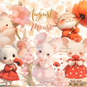15 Maus mit Geburtsmonat Blume für August, Gladilou Blume, Mohnblume, JPG Bundle, Scrapbook, Junk Journal, Kinderzimmer Clipart