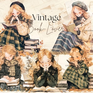16 Vintage Book Lover Girl Clipart, Autumn Clipart, JPG File, Pretty Girl Clipart,High Quality Watercolor JPG Bundle,Scrapbook, Junk Journal