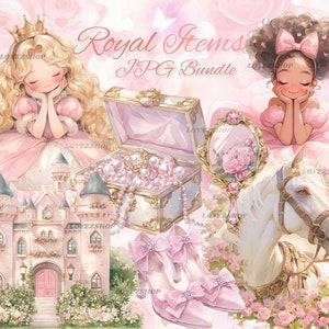 35 koninklijke clipart, prinses clipart, Pink Kingdom, vintage hoge kwaliteit aquarel royalty JPG bundel, kwekerij clipart, scrapbook, junk Journal
