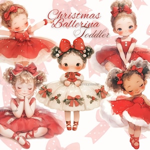 20 Bailarina de Natal para crianças, clipart de Natal, pacote de JPG em aquarela, clipart de bebê em aquarela, clipart de berçário, menina de berçário, álbum de recortes