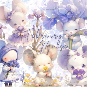 15 muis met geboortemaandbloem voor februari, iris, sleutelbloem en violette bloem, jpg-clipart, plakboek, ongewenste dagboek, digitale download
