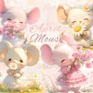 15 mouse com flor do mês de nascimento para abril, narciso e ervilha doce, clipart JPG, álbum de recortes, diário de lixo, clipart de berçário, download digital