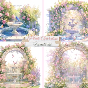 Paquete de 15 imágenes prediseñadas en formato JPG de fuentes de jardín rosadas, acuarelas, cumpleaños, bodas, diario basura, álbumes de recortes, gráficos digitales