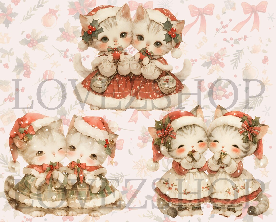 20 Vintage Christmas Kittens, Watercolor Cat Clipart, JPG File ...