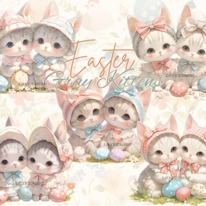 Puede incluir: Un conjunto de cuatro pares de gatitos grises vestidos con atuendos de Pascua pastel con orejas de conejo. Cada gatito sostiene un huevo de Pascua de color pastel. Los gatitos están rodeados de flores y huevos de Pascua de color pastel.