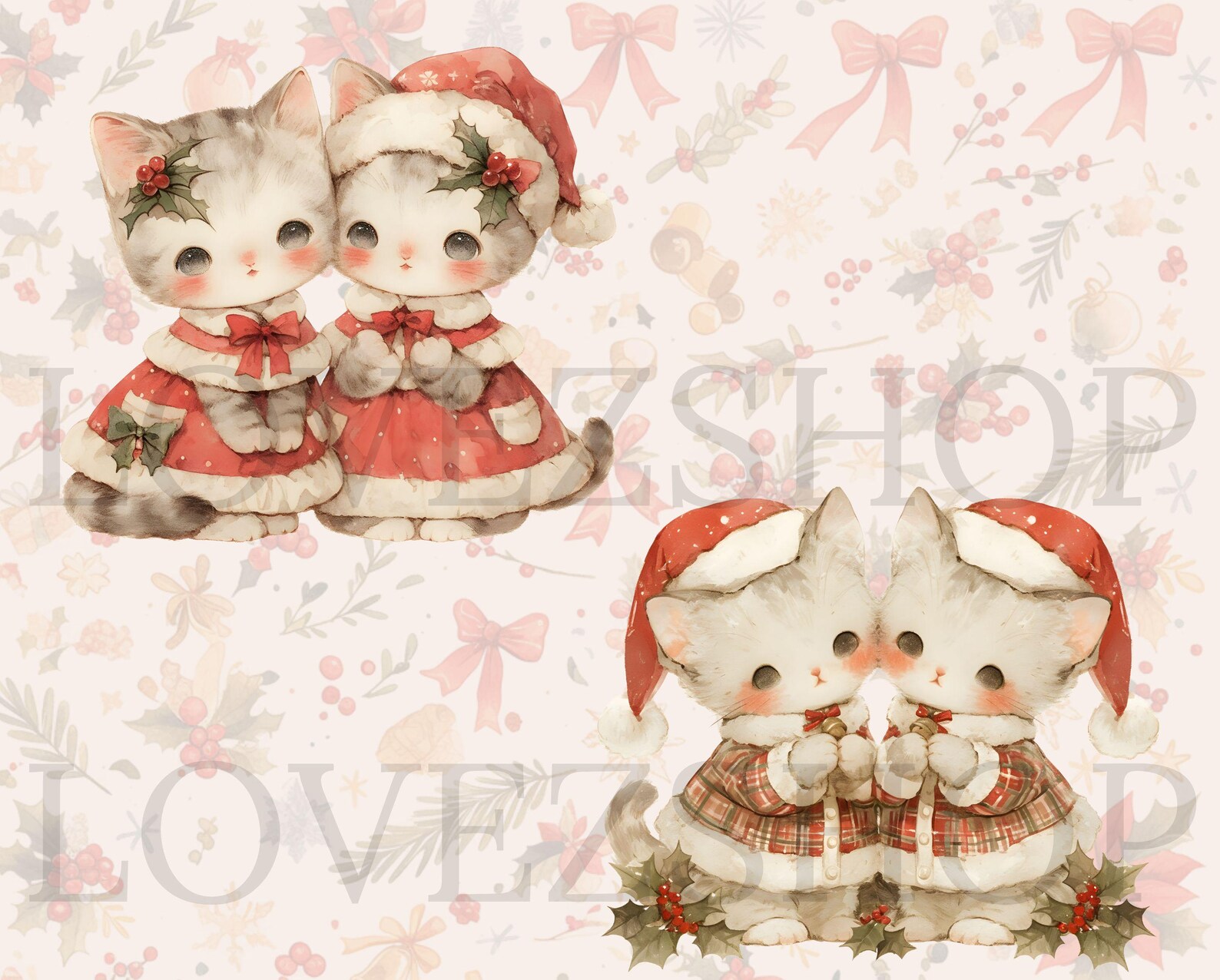 20 Vintage Christmas Kittens, Watercolor Cat Clipart, JPG File ...