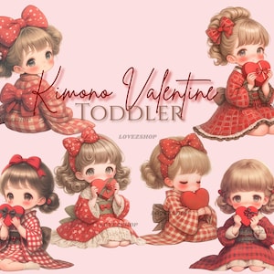 17 Kimono Valentine Toddler, Clipart Valentine, Clipart Toddler, Clipart Watercolor Toddler, Arquivo JPG, Clipart de berçário, Álbum de recortes, Diário de lixo