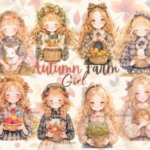 18 Autumn Farm Girl, Watercolor Autumn Pumpkin Clipart, High Quality Watercolor JPG Bundle, Scrapbook, Junk Journal, Paper Crafts