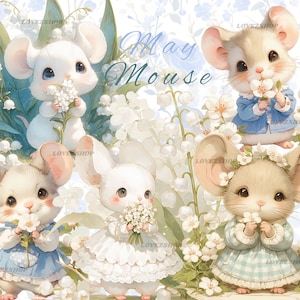 15 Maus mit Geburtsmonat Blume für Mai, Maiglöckchen Und Weißdorn, JPG, Scrapbook, Junk Journal, Kinderzimmer Clipart, digitaler Download