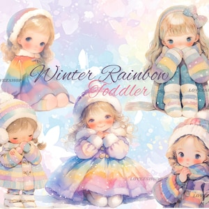 15 Arcoíris de invierno para niños pequeños, Clipart de niño pequeño, Clipart de invierno, Paquete JPG de acuarela, Clipart de bebé en acuarela, Clipart de guardería, Niña de guardería,