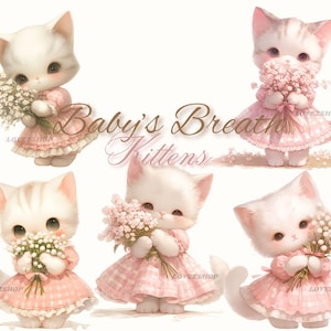 18 Schleierkraut Blumenkätzchen, Süße Kätzchen Clipart, Aquarell Süße Katze Clipart, JPG Datei, Kinderzimmer Clipart, Scrapbooking, Junk Journal