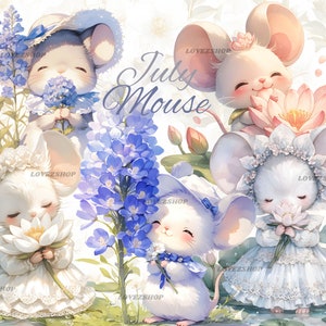 15 Maus mit Geburtsmonat Blume für Juli, Seerosenblume, Delphiniumblume, JPG Bundle, Scrapbook, Junk Journal, Kinderzimmer Clipart