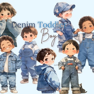 19 Denim Kleinkind Junge, Kleinkind Clipart, Denim Junge, Denim Clipart, Aquarell JPG Bundle, Baby Clipart, Kinderzimmer Clipart,Scrapbook,Junk Journal