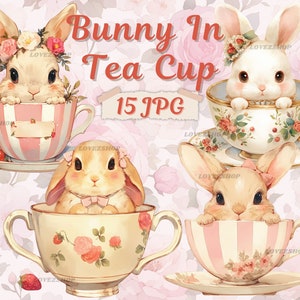 15 Bunny In A Teacup, High Quality Bunny Watercolor English Style JPG Bundle, Nursery Clipart, Scrapbook, Junk Journal, Commercial Use