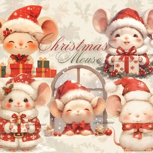 13 Christmas Mouse, JPG file, 10 High Quality Watercolor Clipart,Mouse Clipart, Christmas Clipart, Scrapbook, Junk Journal, Digital Download